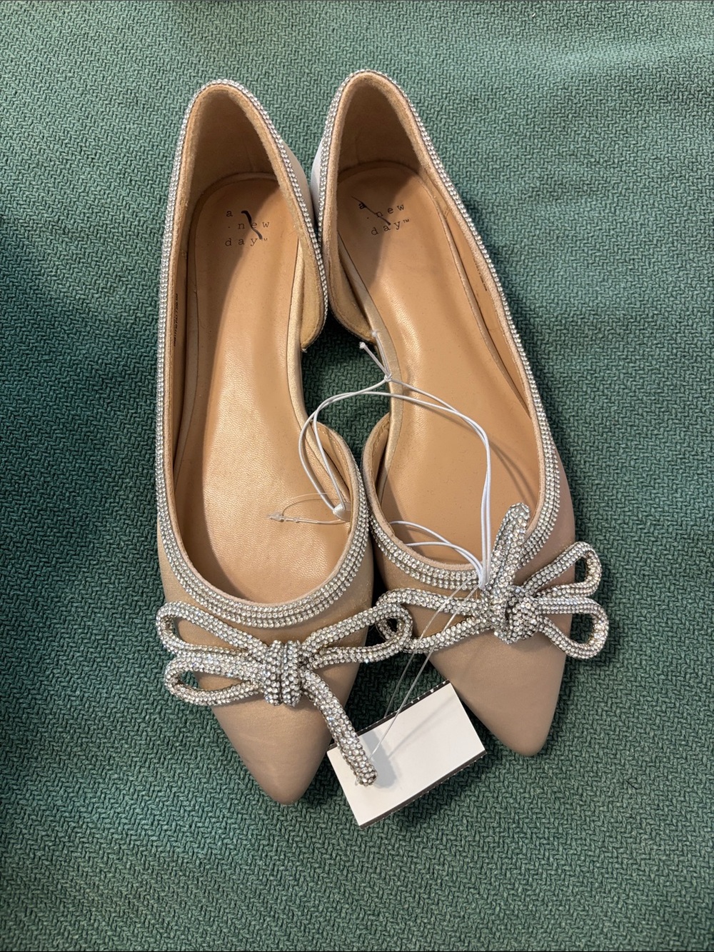 Pointed Toe Nude Flats with Crystal Bow